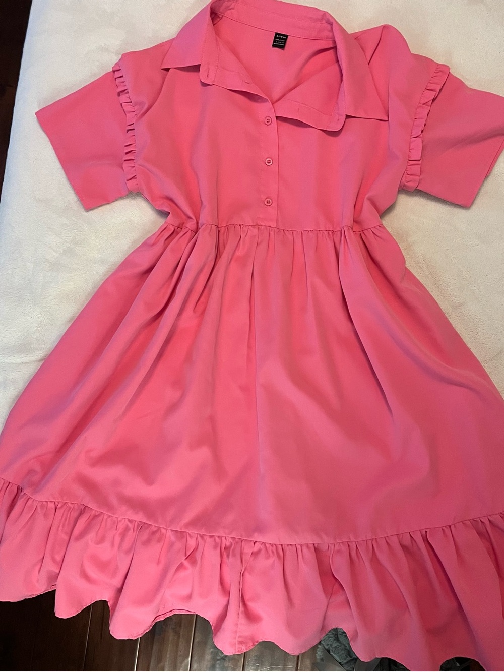 Pink Ruffle-Hem Button Front Midi Dress